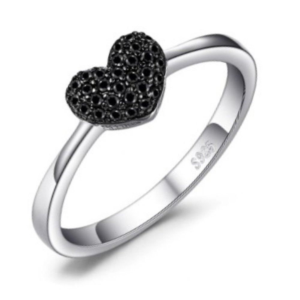New Sterling SILVER Heart black stones Ring size 6